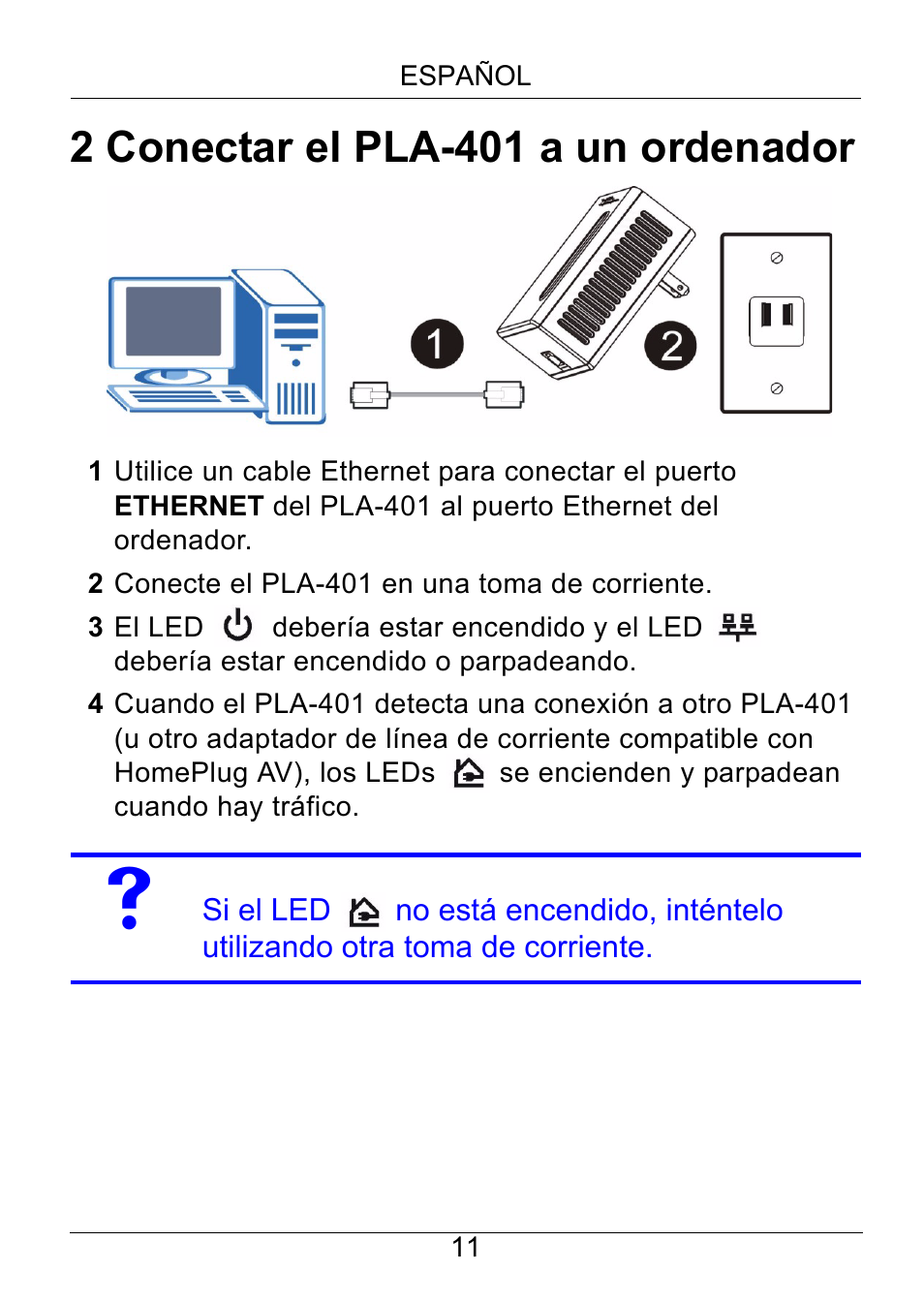 2 conectar el pla-401 a un ordenador | ZyXEL Communications PLA-401 User Manual | Page 12 / 37