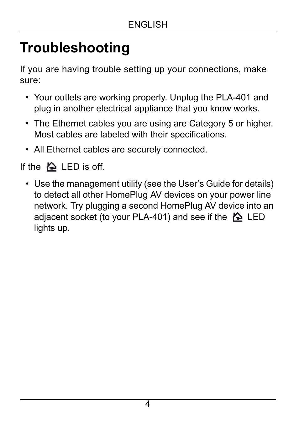 Troubleshooting | ZyXEL Communications PLA-401 User Manual | Page 5 / 37