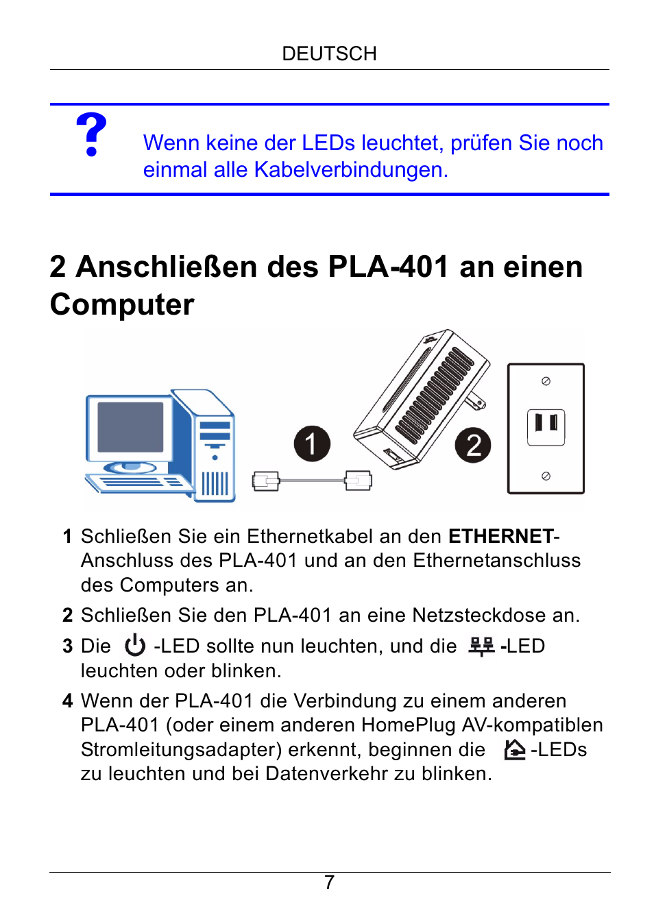 2 anschließen des pla-401 an einen computer | ZyXEL Communications PLA-401 User Manual | Page 8 / 37