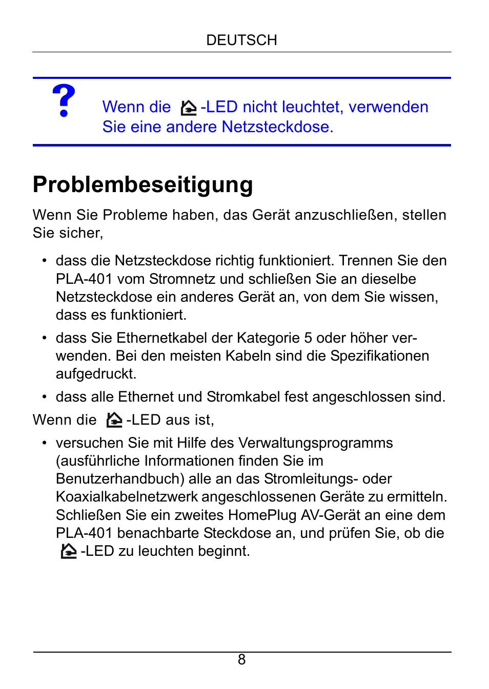 Problembeseitigung | ZyXEL Communications PLA-401 User Manual | Page 9 / 37