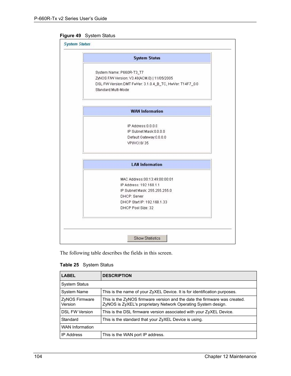 Figure 49system status 104, Table 25system status 104 | ZyXEL Communications P-660R-Tx v2 Series User Manual | Page 103 / 175