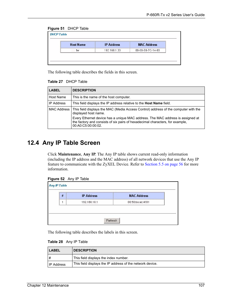 4 any ip table screen, Any ip table screen 107, Figure 51dhcp table 107 figure 52any ip table 107 | Table 27dhcp table 107 table 28any ip table 107 | ZyXEL Communications P-660R-Tx v2 Series User Manual | Page 106 / 175