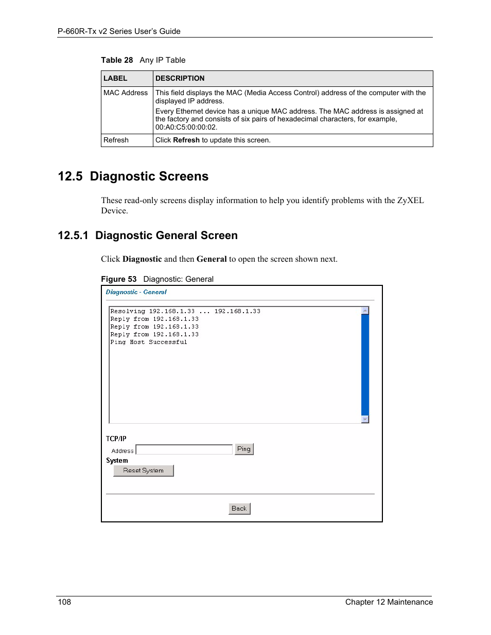 5 diagnostic screens, 1 diagnostic general screen, Diagnostic screens 108 | Diagnostic general screen 108, Figure 53diagnostic: general 108 | ZyXEL Communications P-660R-Tx v2 Series User Manual | Page 107 / 175