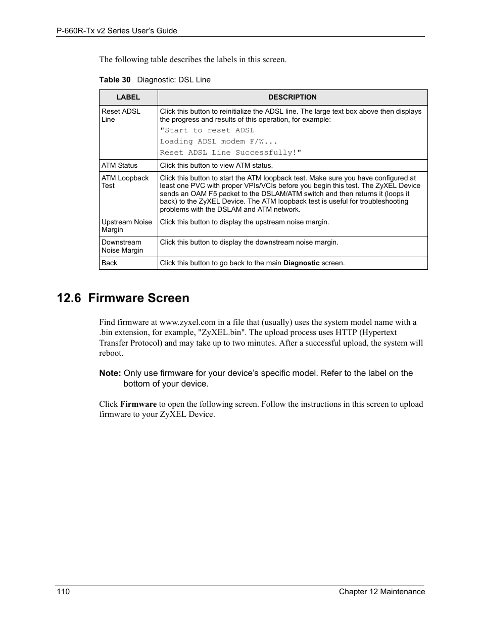 6 firmware screen, Firmware screen 110, Table 30diagnostic: dsl line 110 | ZyXEL Communications P-660R-Tx v2 Series User Manual | Page 109 / 175