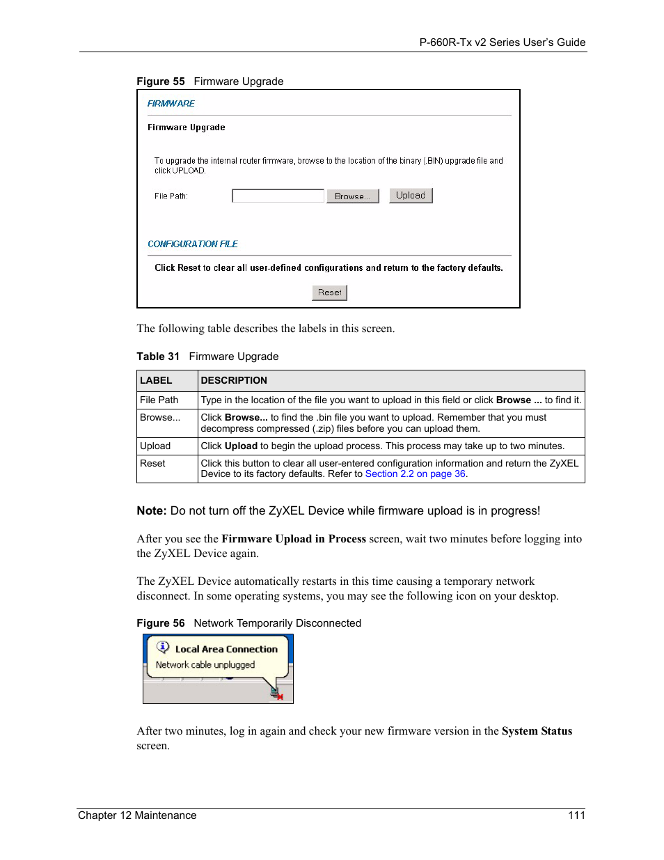 Table 31firmware upgrade 111 | ZyXEL Communications P-660R-Tx v2 Series User Manual | Page 110 / 175