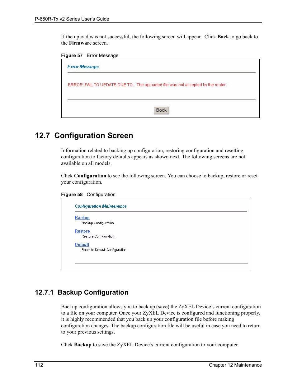 7 configuration screen, 1 backup configuration, Backup configuration 112 | ZyXEL Communications P-660R-Tx v2 Series User Manual | Page 111 / 175