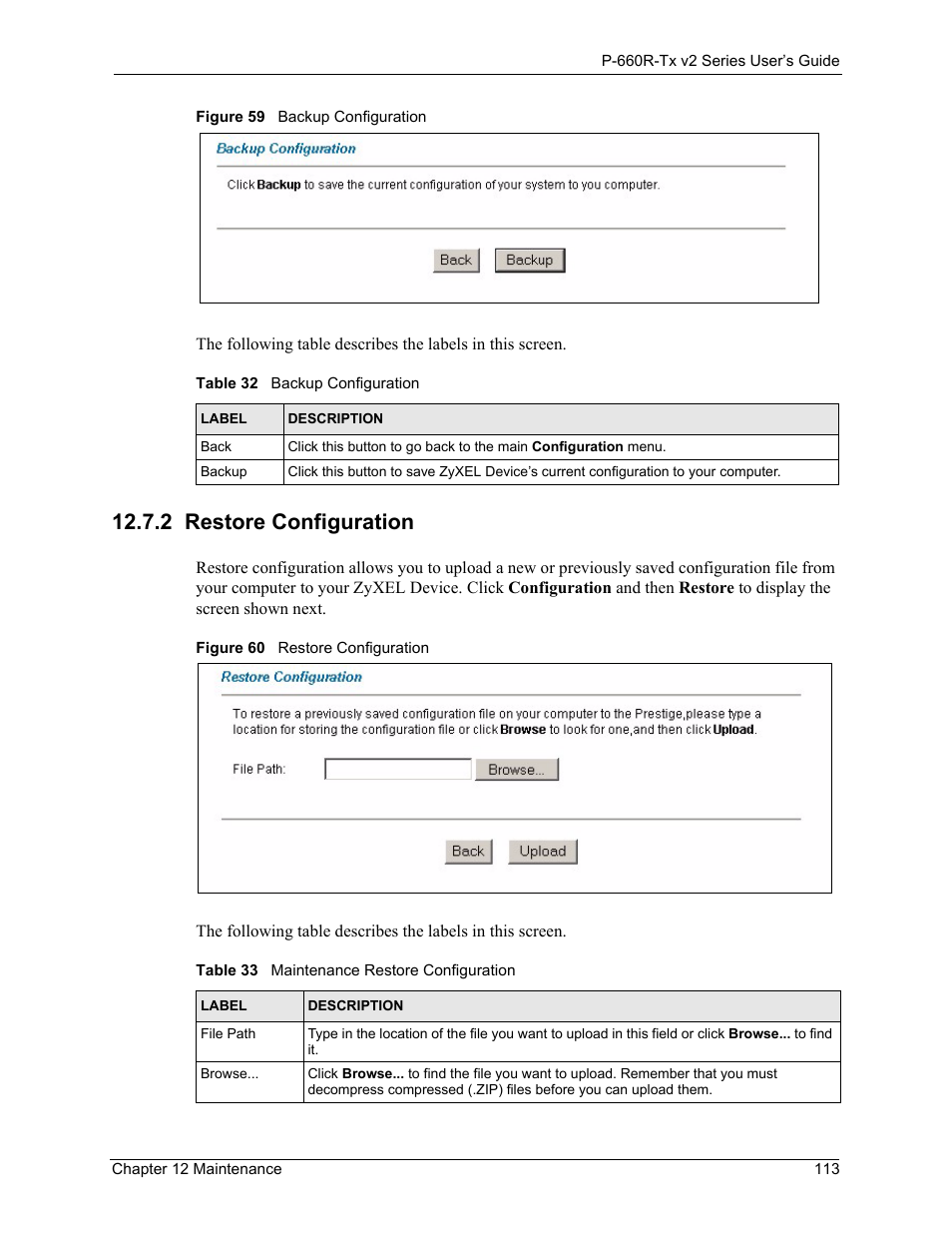 2 restore configuration, Restore configuration 113 | ZyXEL Communications P-660R-Tx v2 Series User Manual | Page 112 / 175