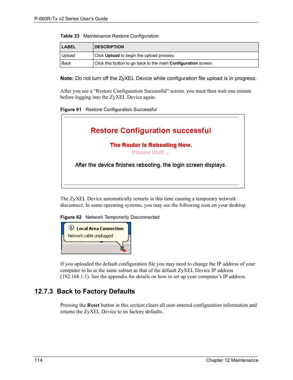 3 back to factory defaults, Back to factory defaults 114 | ZyXEL Communications P-660R-Tx v2 Series User Manual | Page 113 / 175