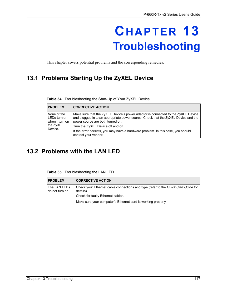 Troubleshooting, 1 problems starting up the zyxel device, 2 problems with the lan led | Chapter 13 troubleshooting1 | ZyXEL Communications P-660R-Tx v2 Series User Manual | Page 116 / 175
