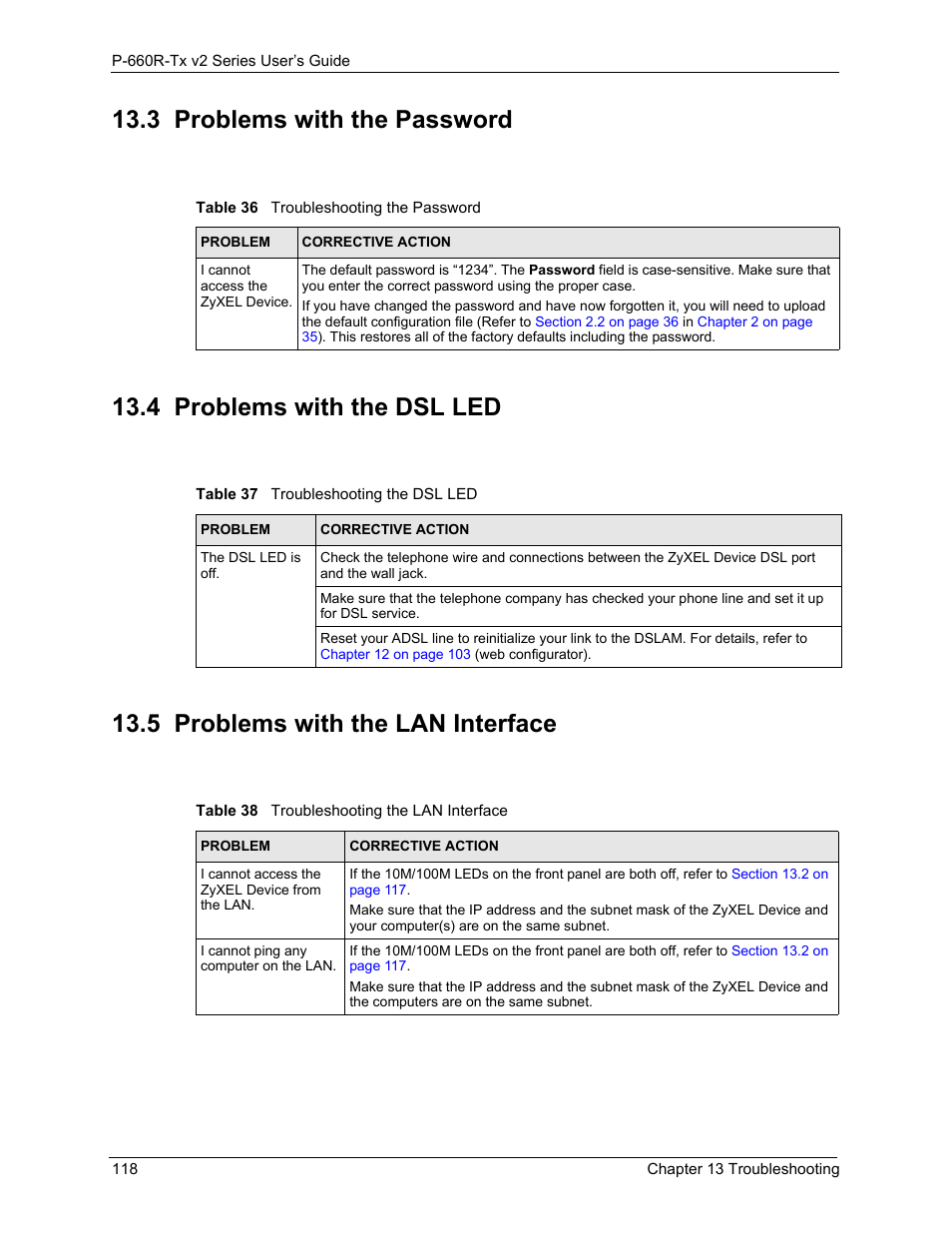 3 problems with the password, 4 problems with the dsl led, 5 problems with the lan interface | ZyXEL Communications P-660R-Tx v2 Series User Manual | Page 117 / 175