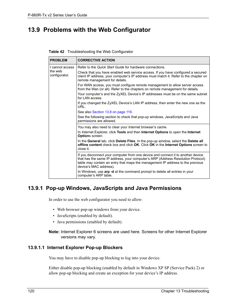 9 problems with the web configurator, 1 pop-up windows, javascripts and java permissions, 1 internet explorer pop-up blockers | Problems with the web configurator 120, Internet explorer pop-up blockers 120, Table 42troubleshooting the web configurator 120, E also | ZyXEL Communications P-660R-Tx v2 Series User Manual | Page 119 / 175