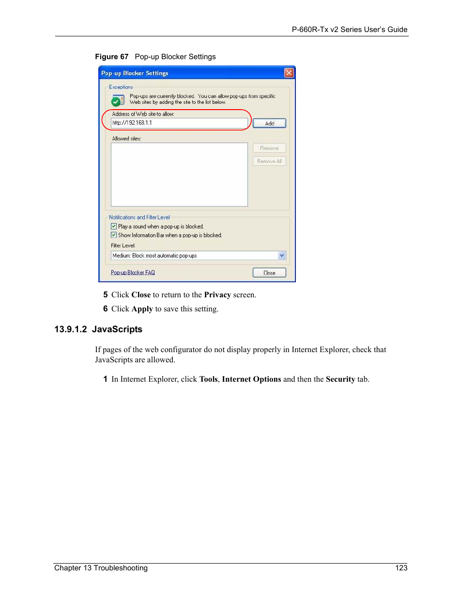 2 javascripts, Javascripts 123, Figure 67pop-up blocker settings 123 | ZyXEL Communications P-660R-Tx v2 Series User Manual | Page 122 / 175