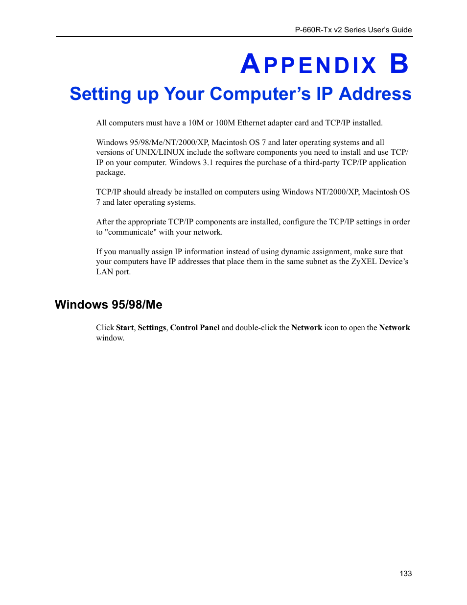 Setting up your computer’s ip address, Setting up your computer’s ip address 133, Windows 95/98/me 133 | ZyXEL Communications P-660R-Tx v2 Series User Manual | Page 132 / 175