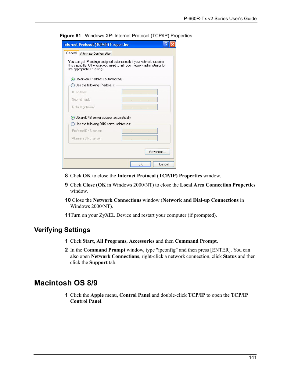 Verifying settings 141, Macintosh os 8/9 141, Macintosh os 8/9 | Verifying settings | ZyXEL Communications P-660R-Tx v2 Series User Manual | Page 140 / 175