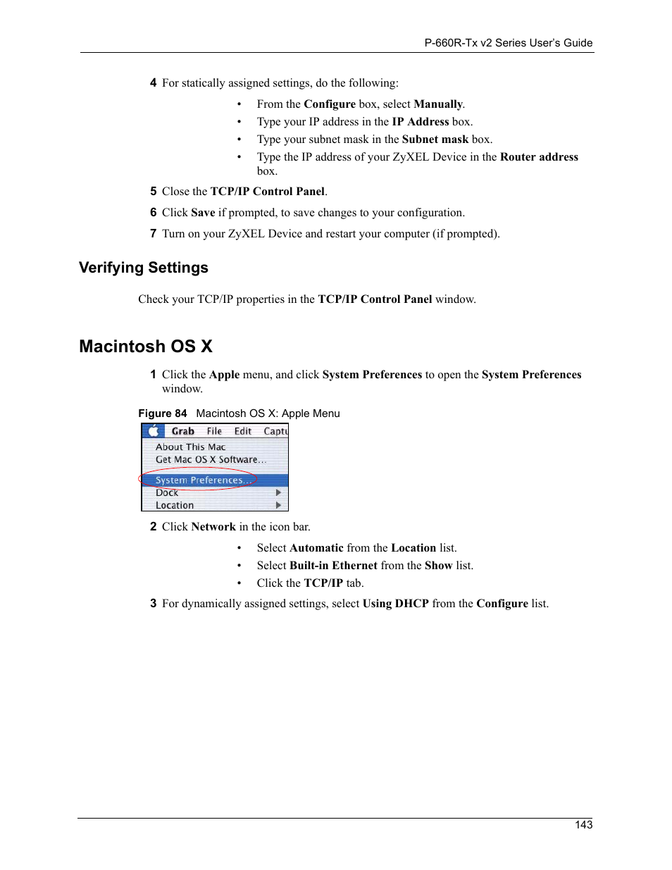 Verifying settings 143, Macintosh os x 143, Figure 84macintosh os x: apple menu 143 | Macintosh os x, Verifying settings | ZyXEL Communications P-660R-Tx v2 Series User Manual | Page 142 / 175