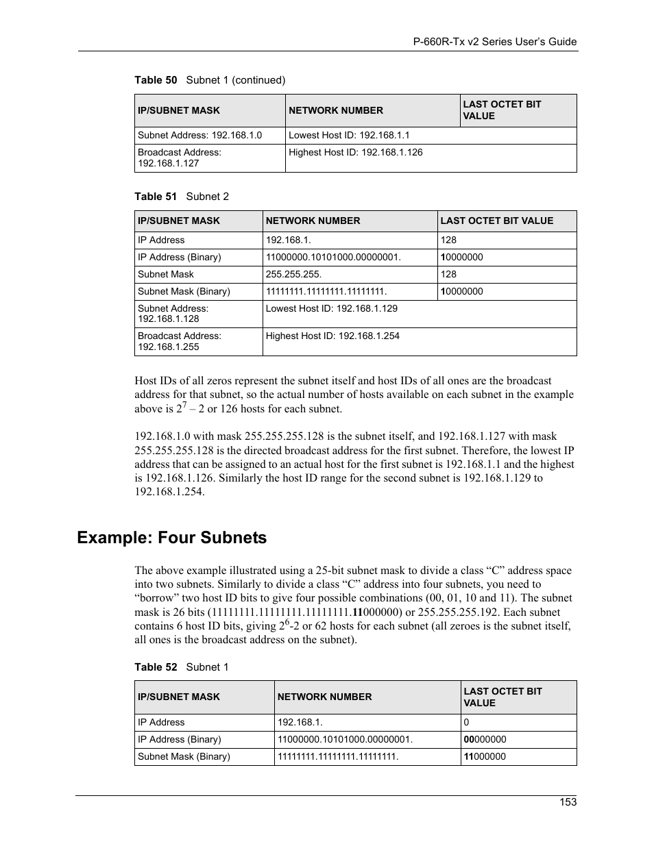 Example: four subnets 153, Table 51subnet 2 153 table 52subnet 1 153, Example: four subnets | ZyXEL Communications P-660R-Tx v2 Series User Manual | Page 152 / 175
