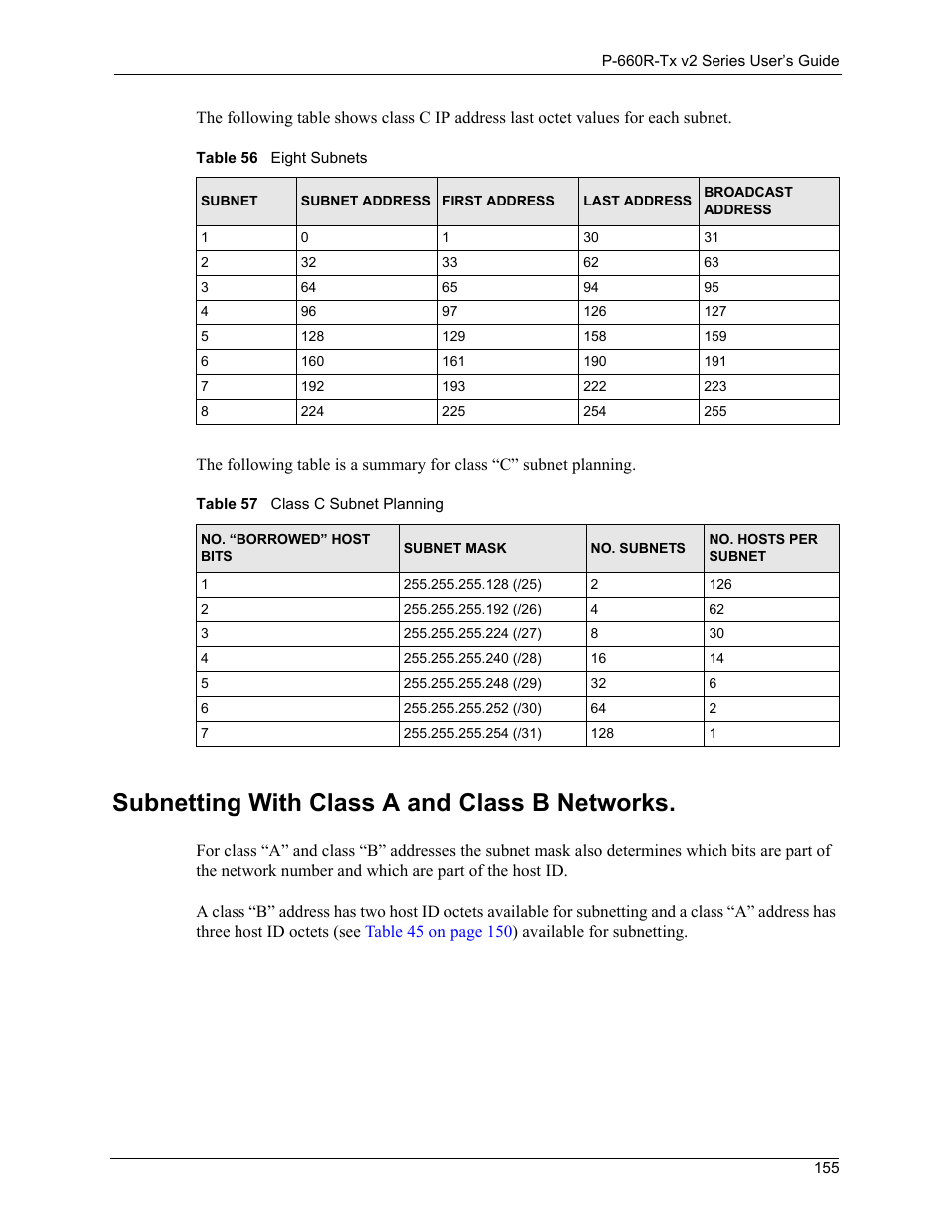 Subnetting with class a and class b networks. 155, Subnetting with class a and class b networks | ZyXEL Communications P-660R-Tx v2 Series User Manual | Page 154 / 175