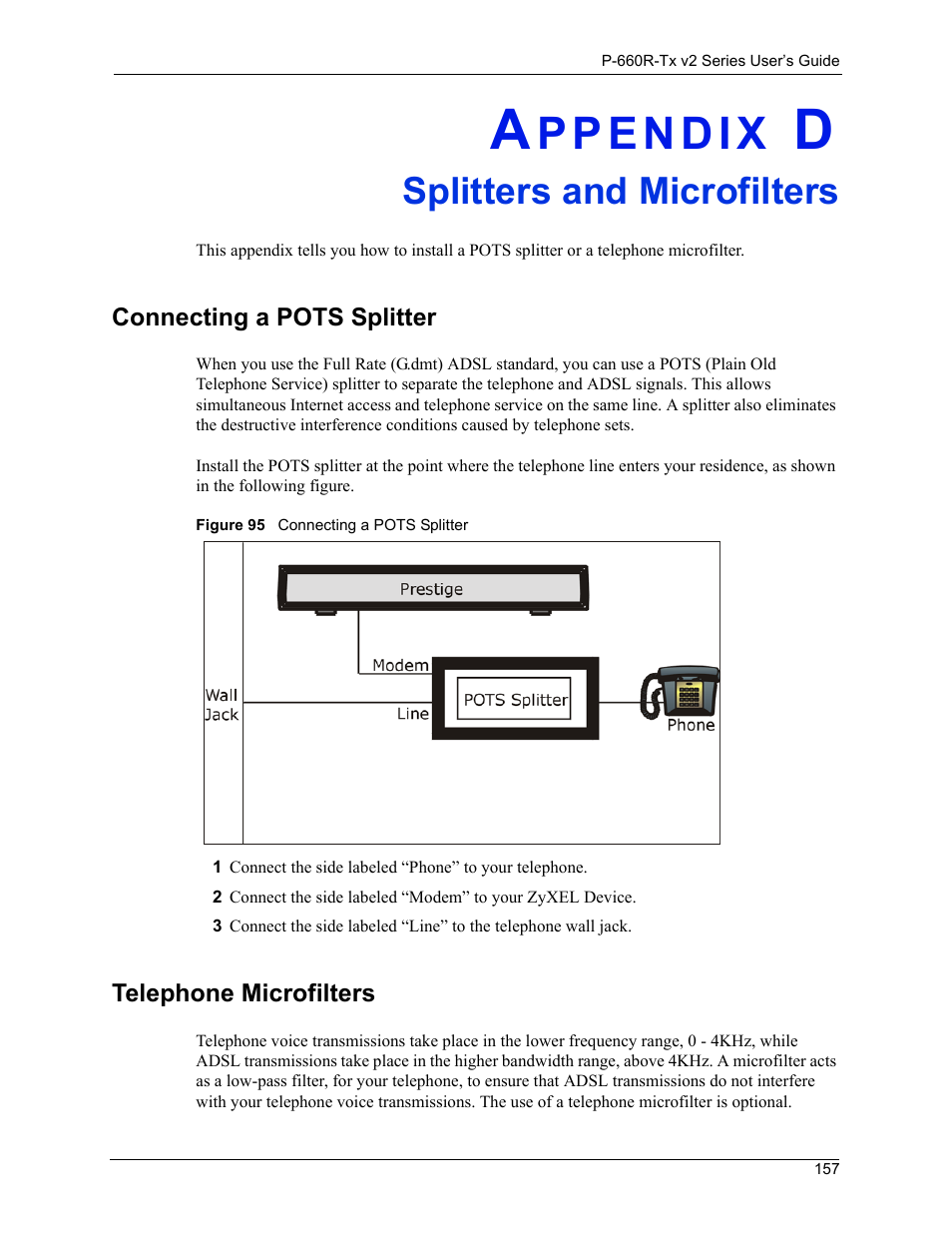 Splitters and microfilters, Splitters and microfilters 157, Figure 95connecting a pots splitter 157 | ZyXEL Communications P-660R-Tx v2 Series User Manual | Page 156 / 175