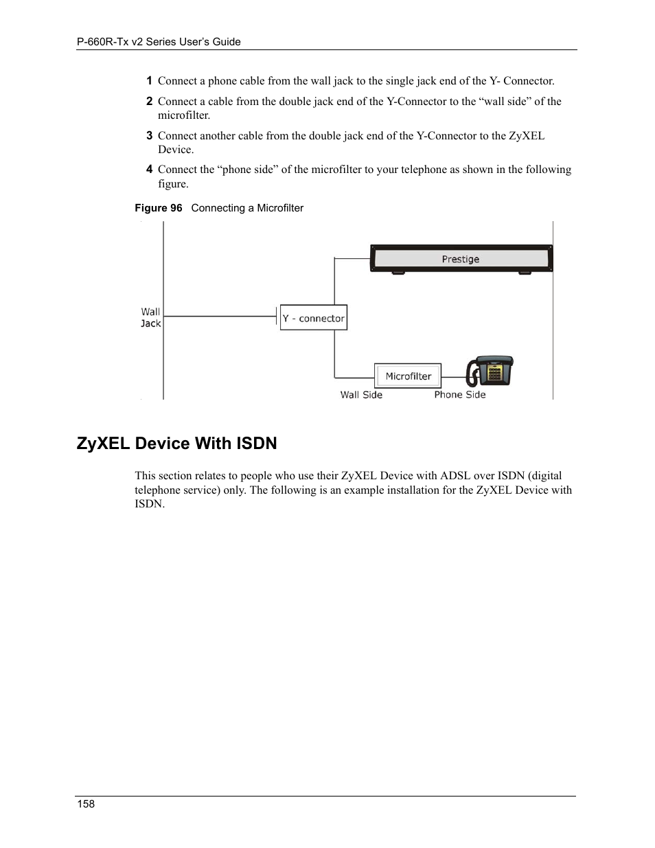 Zyxel device with isdn 158, Figure 96connecting a microfilter 158, Zyxel device with isdn | ZyXEL Communications P-660R-Tx v2 Series User Manual | Page 157 / 175