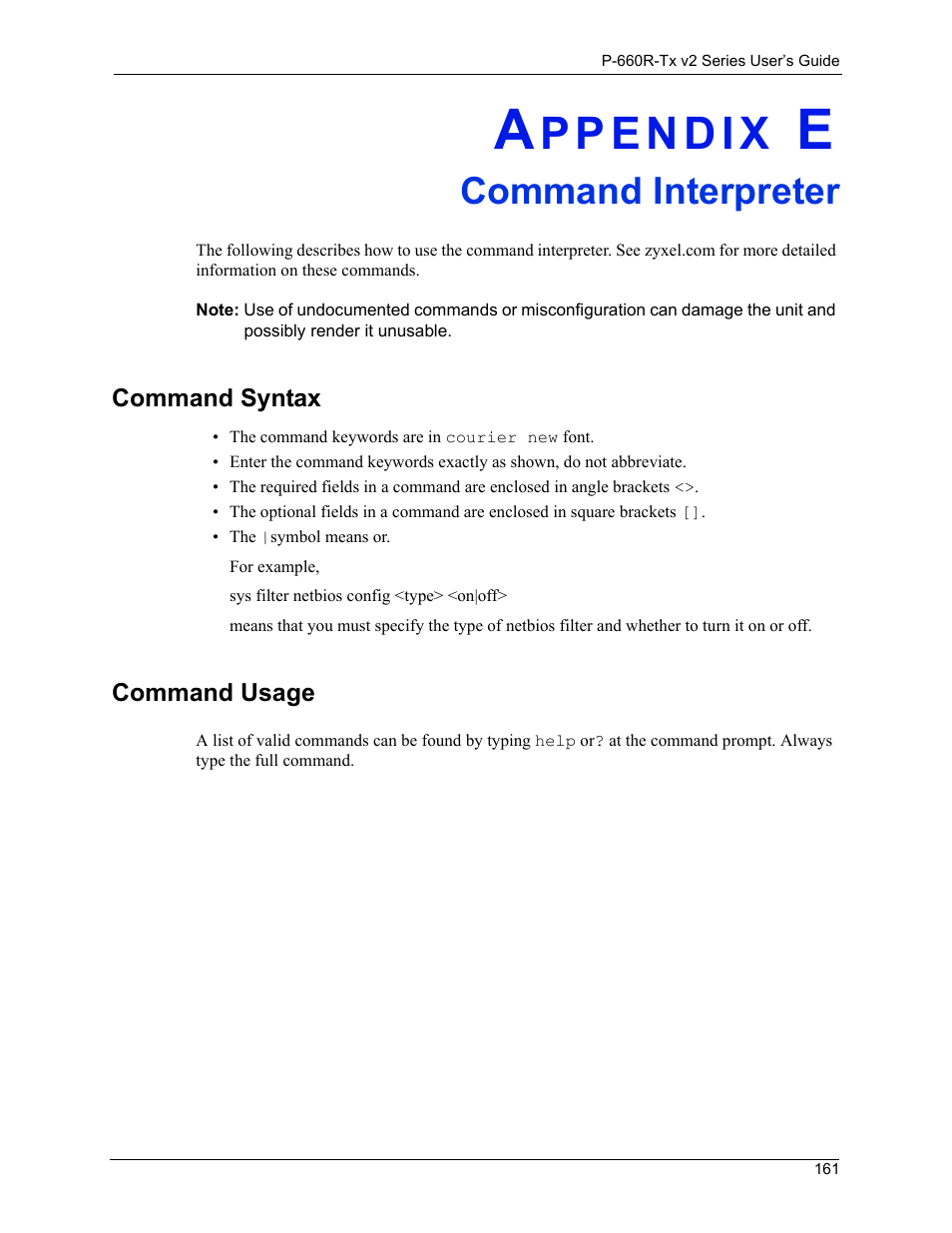 Command interpreter, Command interpreter 161, Command syntax 161 command usage 161 | ZyXEL Communications P-660R-Tx v2 Series User Manual | Page 160 / 175