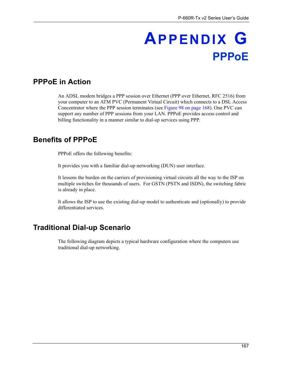 Pppoe, Pppoe 167, Pppoe in action 167 benefits of pppoe 167 | Traditional dial-up scenario 167 | ZyXEL Communications P-660R-Tx v2 Series User Manual | Page 166 / 175