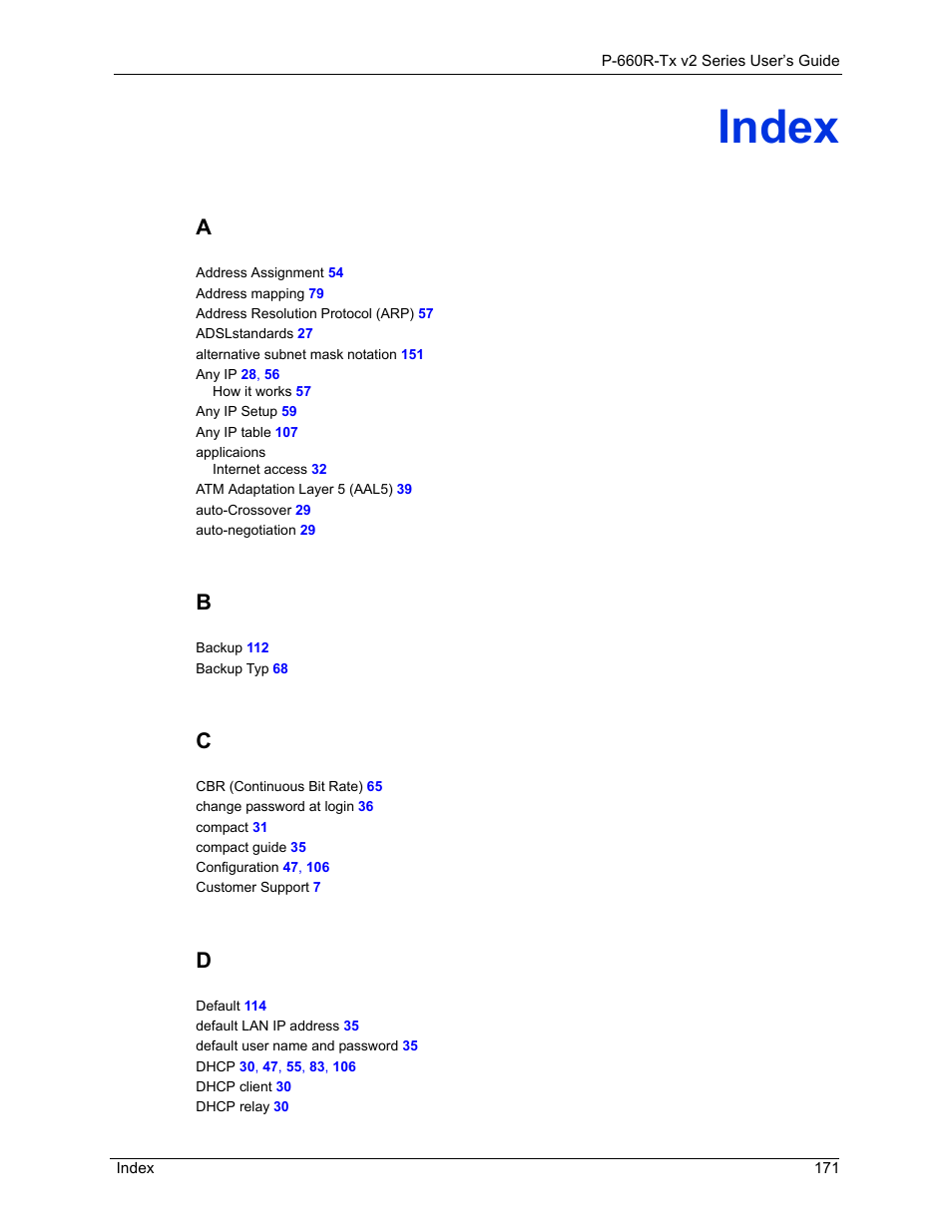 Index, Index171 | ZyXEL Communications P-660R-Tx v2 Series User Manual | Page 170 / 175