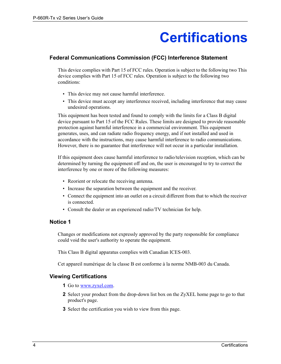 Certifications | ZyXEL Communications P-660R-Tx v2 Series User Manual | Page 3 / 175