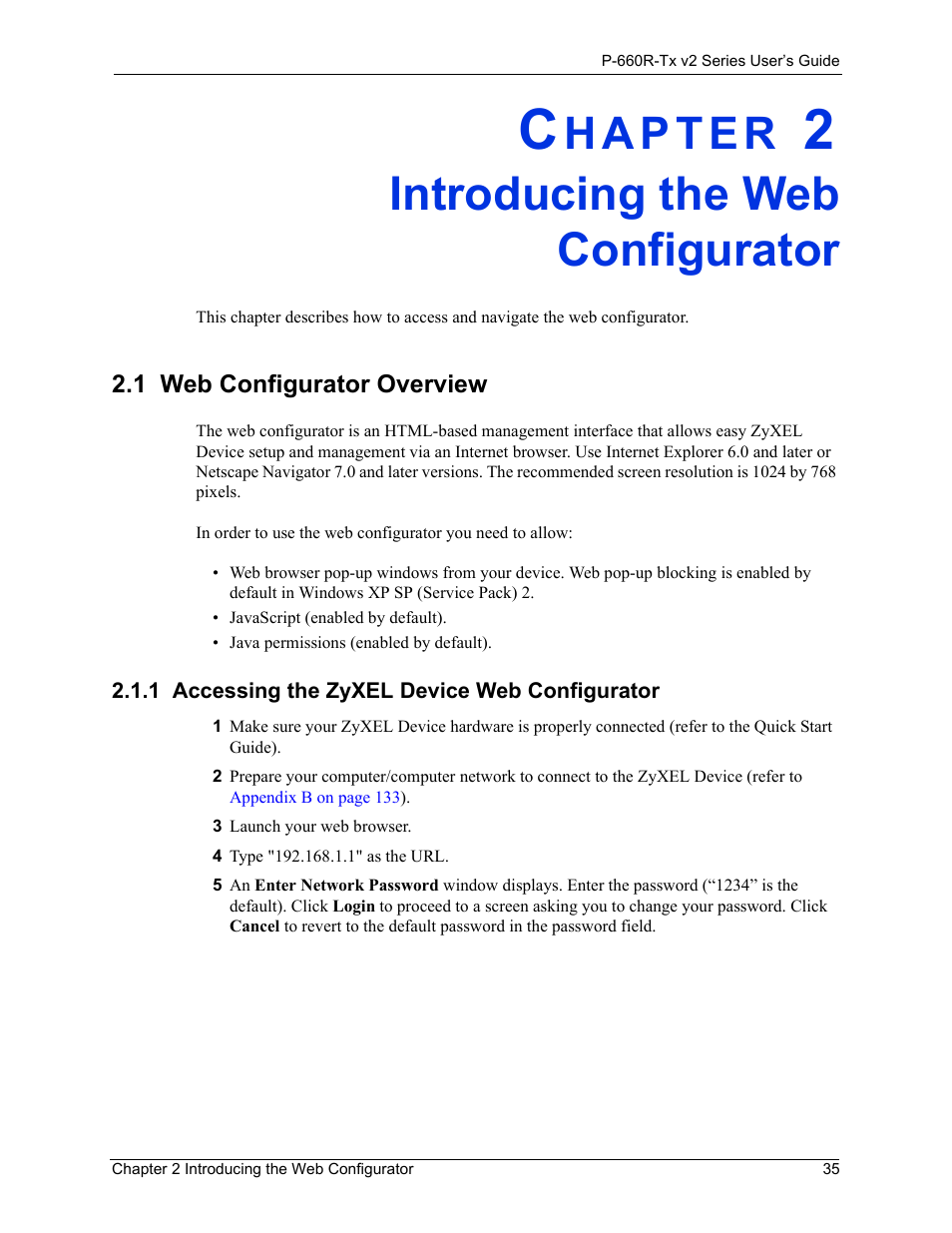 Introducing the web configurator, 1 web configurator overview, 1 accessing the zyxel device web configurator | Chapter 2 introducing the web configurator35, Web configurator overview 35, Accessing the zyxel device web configurator 35 | ZyXEL Communications P-660R-Tx v2 Series User Manual | Page 34 / 175