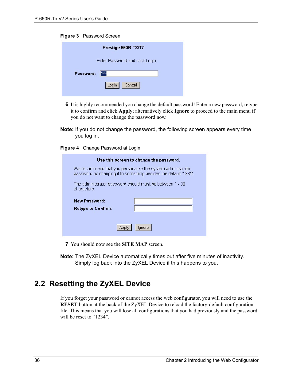 2 resetting the zyxel device, Resetting the zyxel device 36 | ZyXEL Communications P-660R-Tx v2 Series User Manual | Page 35 / 175