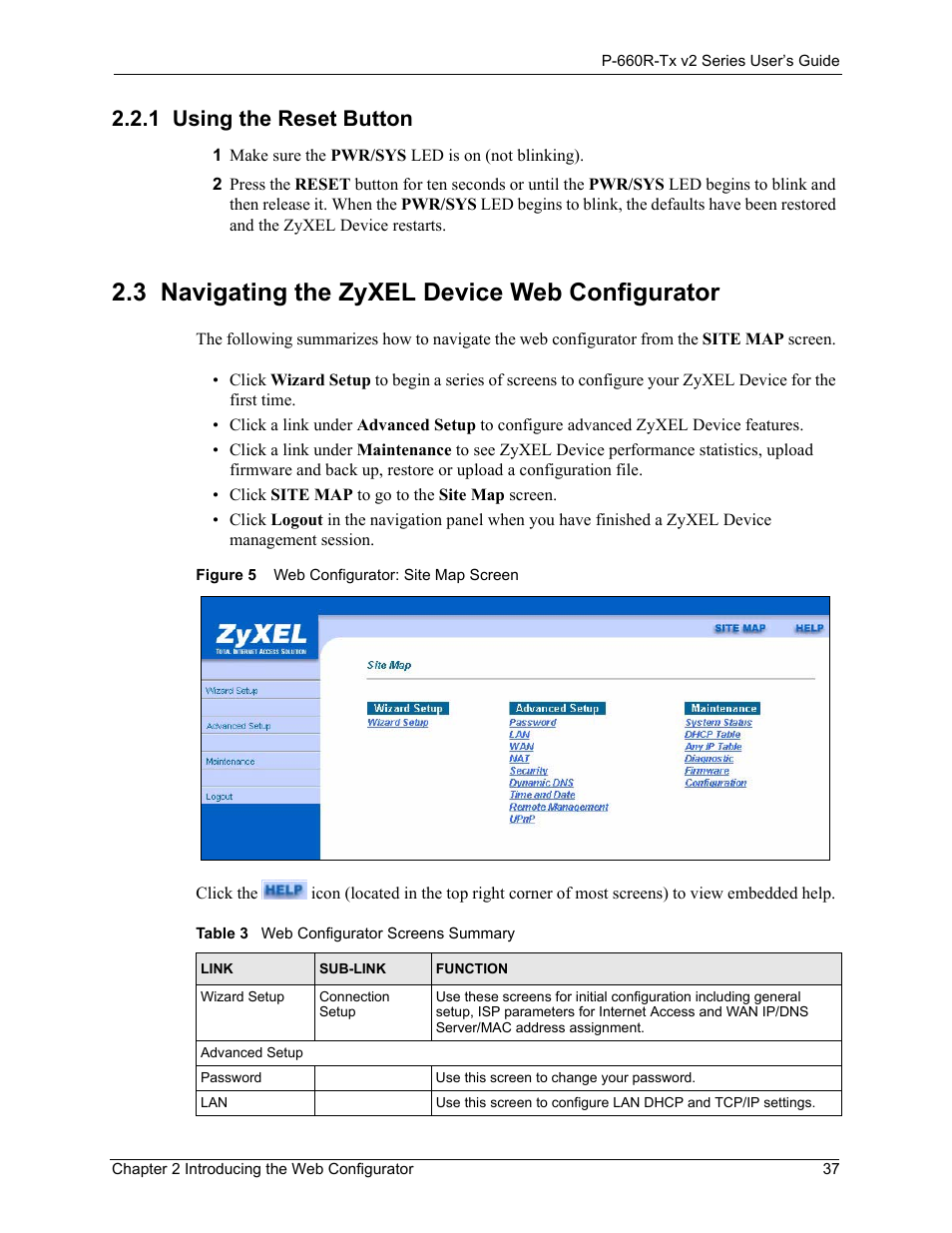 1 using the reset button, 3 navigating the zyxel device web configurator, Using the reset button 37 | Navigating the zyxel device web configurator 37, Figure 5 web configurator: site map screen 37, Table 3web configurator screens summary 37 | ZyXEL Communications P-660R-Tx v2 Series User Manual | Page 36 / 175