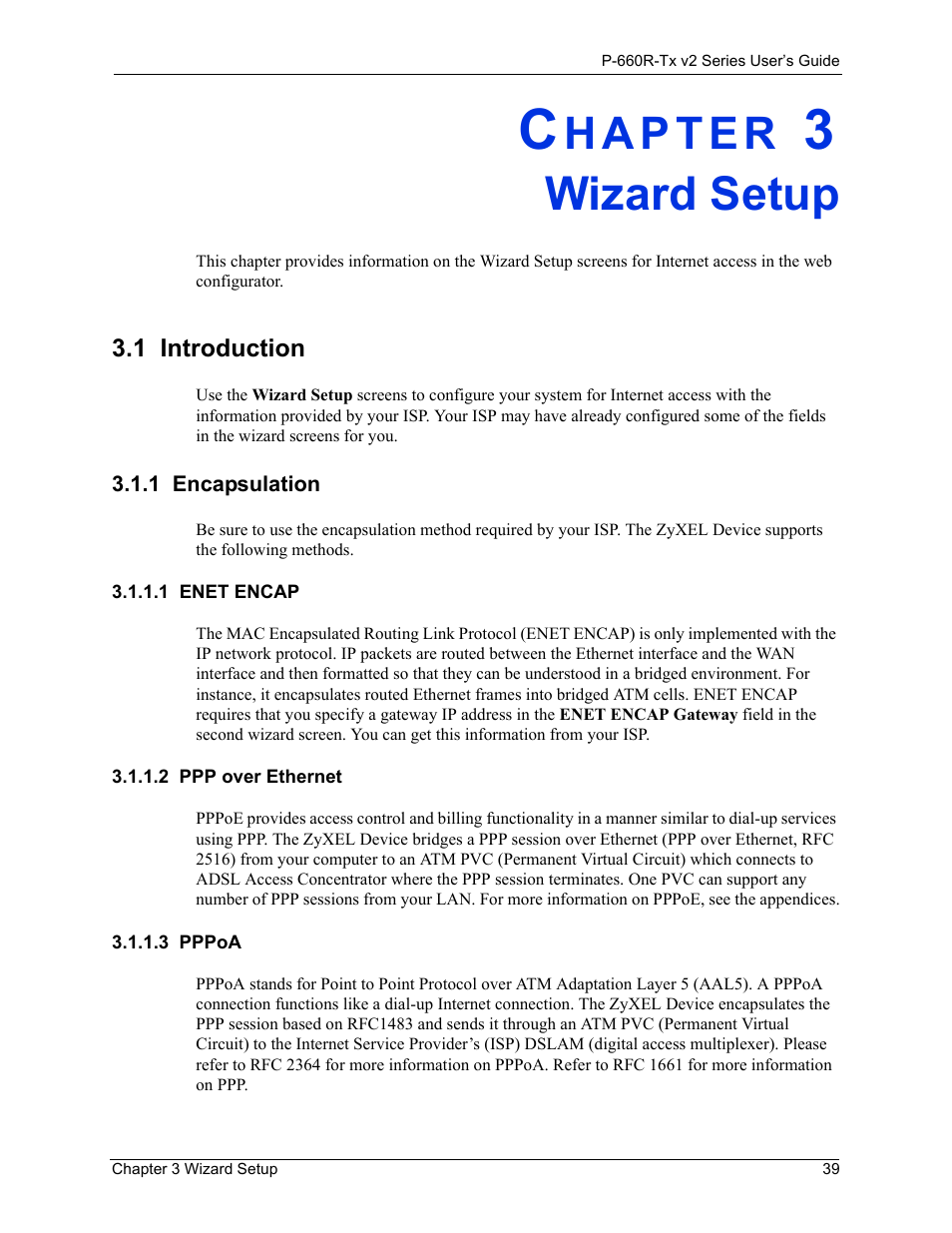 Wizard setup, 1 introduction, 1 encapsulation | 1 enet encap, 2 ppp over ethernet, 3 pppoa, Chapter 3 wizard setup 39, Introduction 39, Encapsulation 39, Enet encap 39 ppp over ethernet 39 pppoa 39 | ZyXEL Communications P-660R-Tx v2 Series User Manual | Page 38 / 175