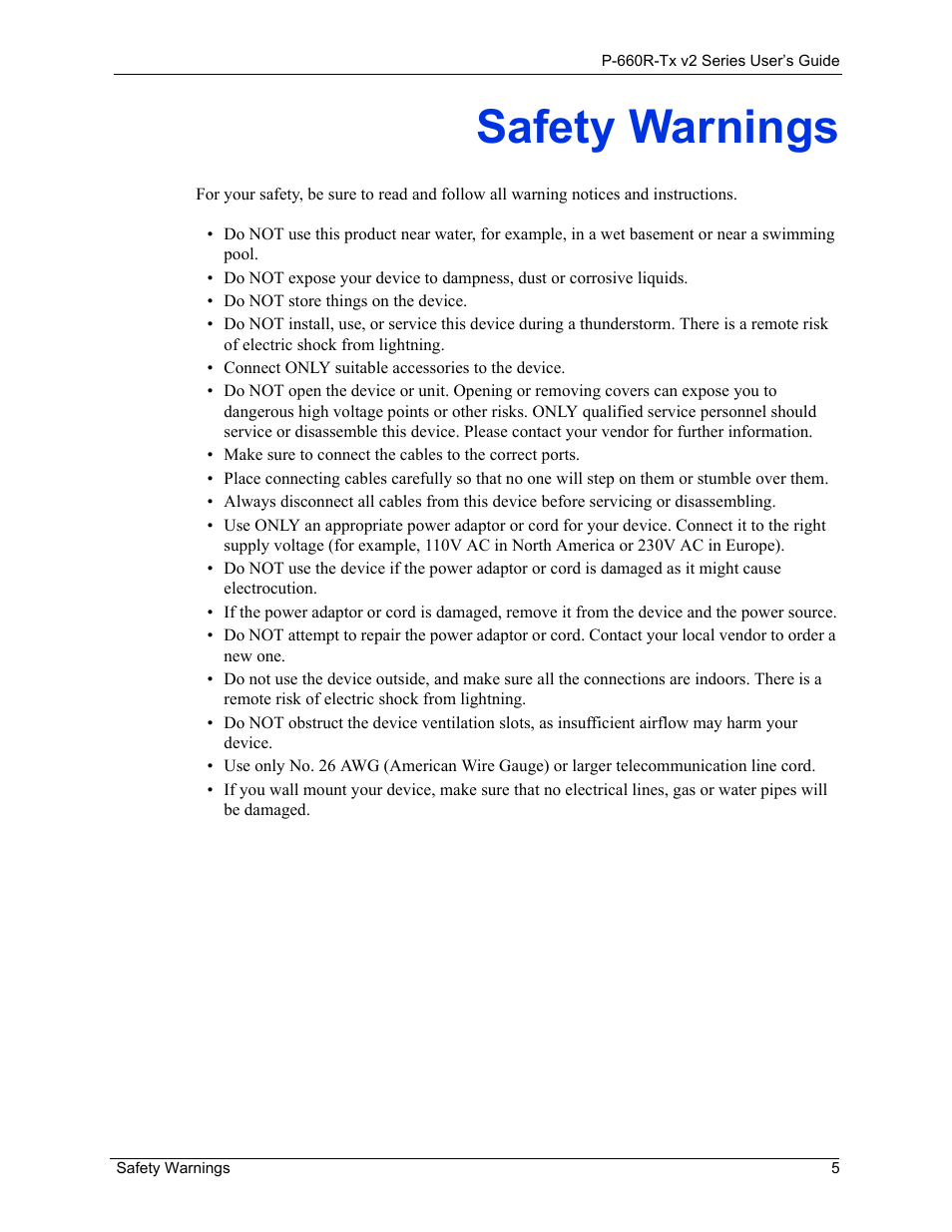 Safety warnings | ZyXEL Communications P-660R-Tx v2 Series User Manual | Page 4 / 175