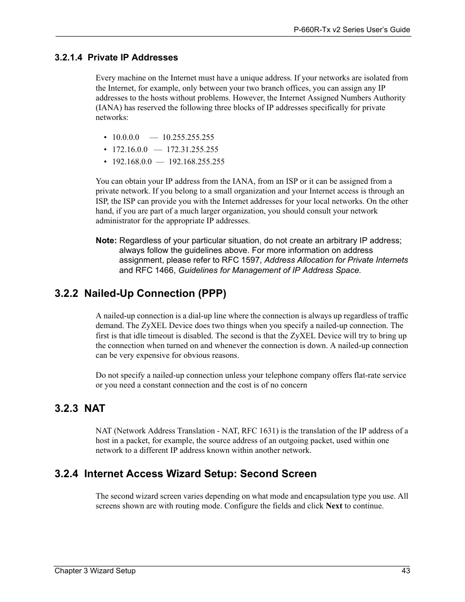 4 private ip addresses, 2 nailed-up connection (ppp), 3 nat | 4 internet access wizard setup: second screen, Private ip addresses 43 | ZyXEL Communications P-660R-Tx v2 Series User Manual | Page 42 / 175