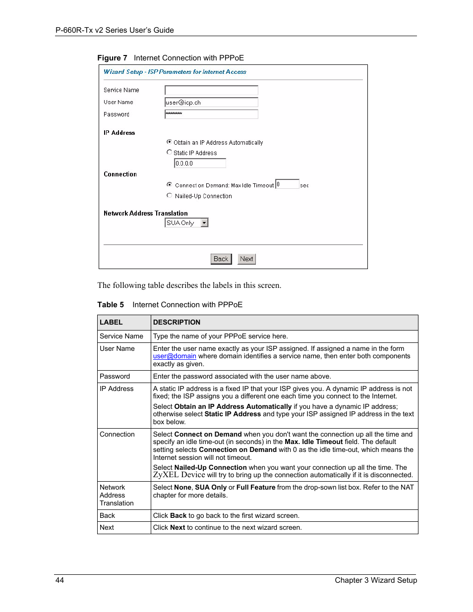 Figure 7internet connection with pppoe 44, Table 5 internet connection with pppoe 44 | ZyXEL Communications P-660R-Tx v2 Series User Manual | Page 43 / 175