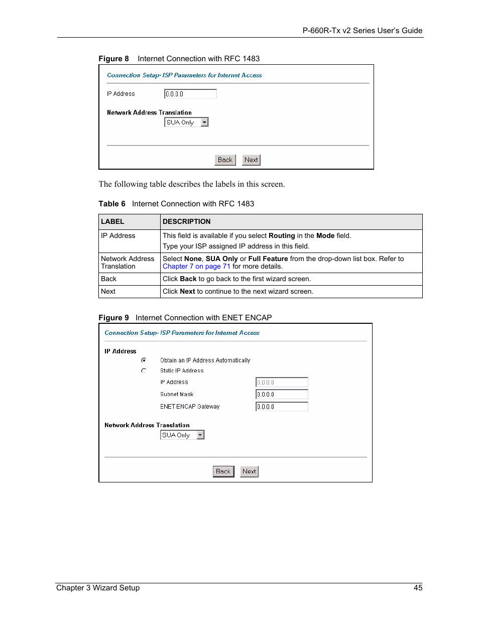 Table 6internet connection with rfc 1483 45 | ZyXEL Communications P-660R-Tx v2 Series User Manual | Page 44 / 175