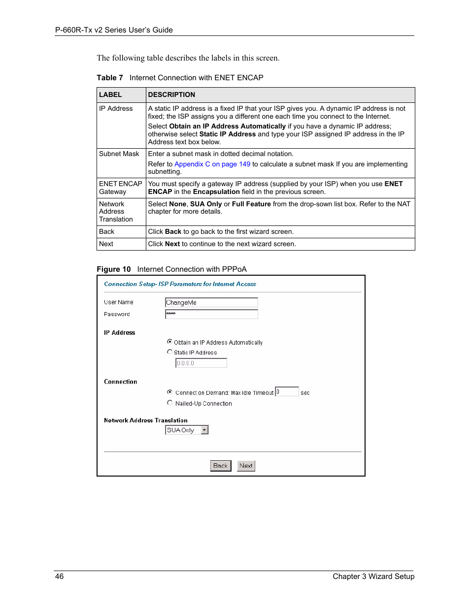 Figure 10internet connection with pppoa 46, Table 7internet connection with enet encap 46 | ZyXEL Communications P-660R-Tx v2 Series User Manual | Page 45 / 175