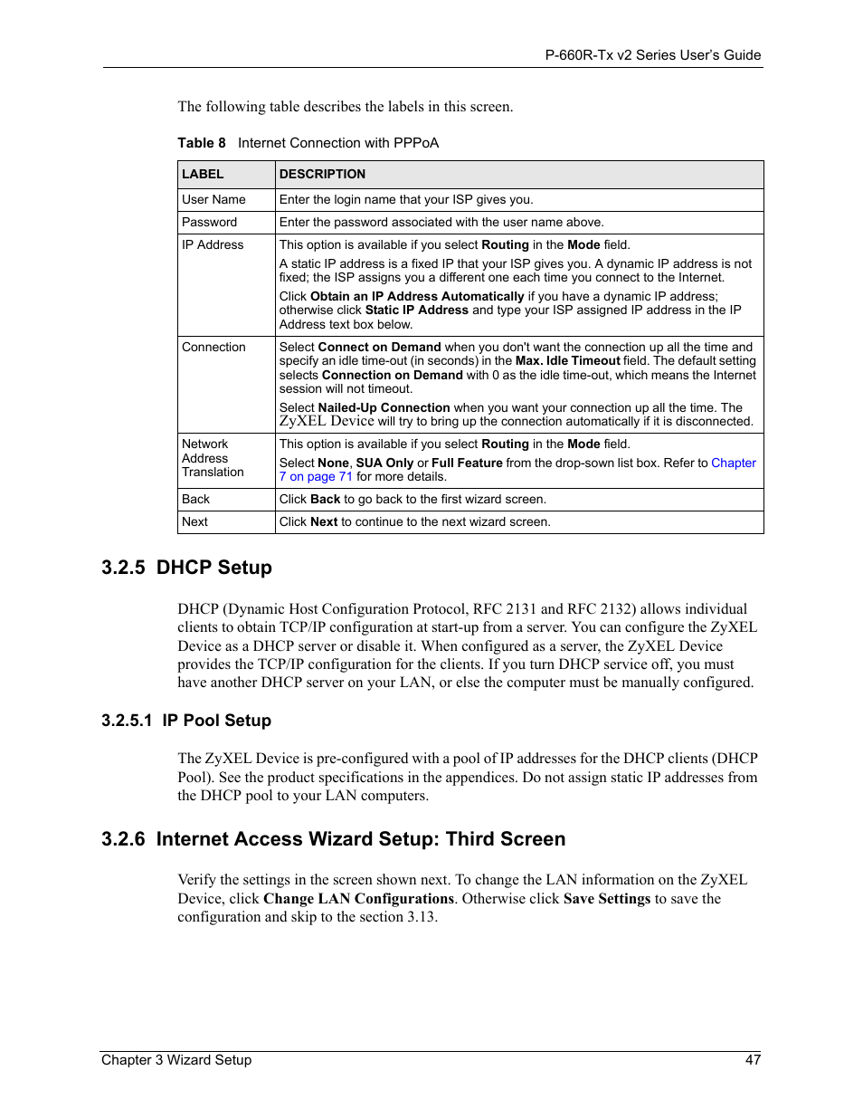 5 dhcp setup, 1 ip pool setup, 6 internet access wizard setup: third screen | Dhcp setup 47, Ip pool setup 47, Internet access wizard setup: third screen 47, Table 8internet connection with pppoa 47 | ZyXEL Communications P-660R-Tx v2 Series User Manual | Page 46 / 175