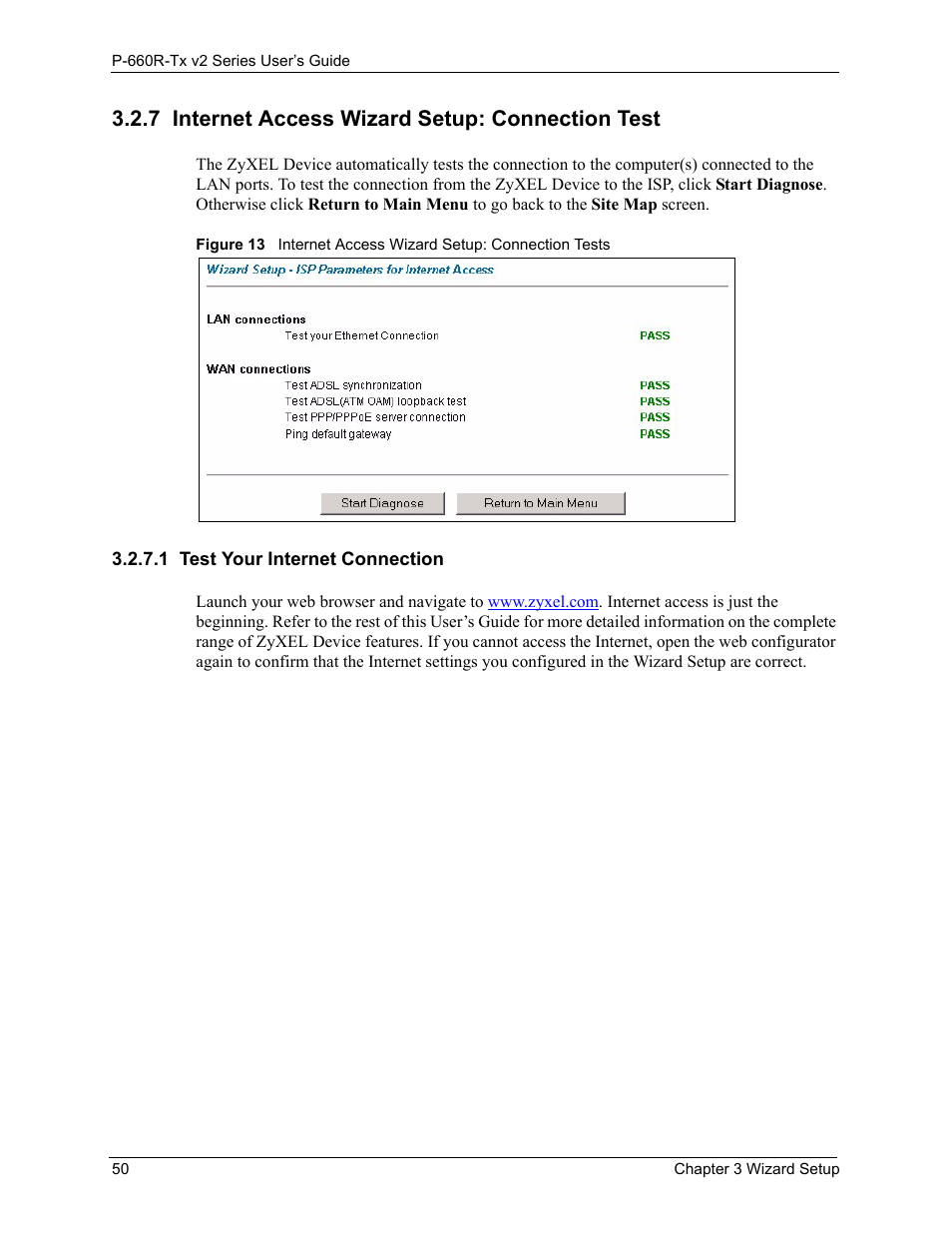 7 internet access wizard setup: connection test, 1 test your internet connection, Internet access wizard setup: connection test 50 | Test your internet connection 50 | ZyXEL Communications P-660R-Tx v2 Series User Manual | Page 49 / 175