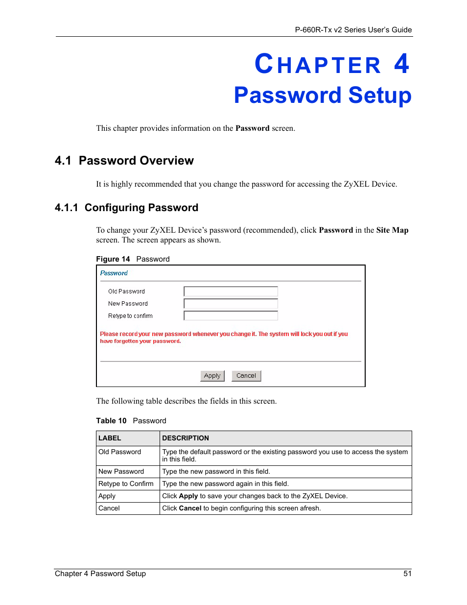 Password setup, 1 password overview, 1 configuring password | Chapter 4 password setup51, Password overview 51, Configuring password 51, Figure 14password 51, Table 10password 51 | ZyXEL Communications P-660R-Tx v2 Series User Manual | Page 50 / 175