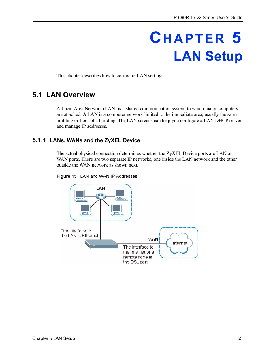 Lan setup, 1 lan overview, 1 lans, wans and the zyxel device | Chapter 5 lan setup53, Lan overview 53, Lans, wans and the zyxel device 53, Figure 15lan and wan ip addresses 53 | ZyXEL Communications P-660R-Tx v2 Series User Manual | Page 52 / 175