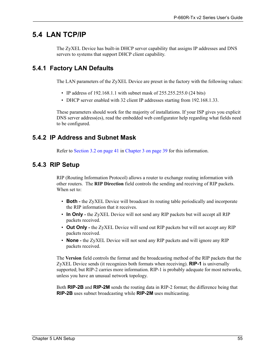 4 lan tcp/ip, 1 factory lan defaults, 2 ip address and subnet mask | 3 rip setup, Lan tcp/ip 55 | ZyXEL Communications P-660R-Tx v2 Series User Manual | Page 54 / 175