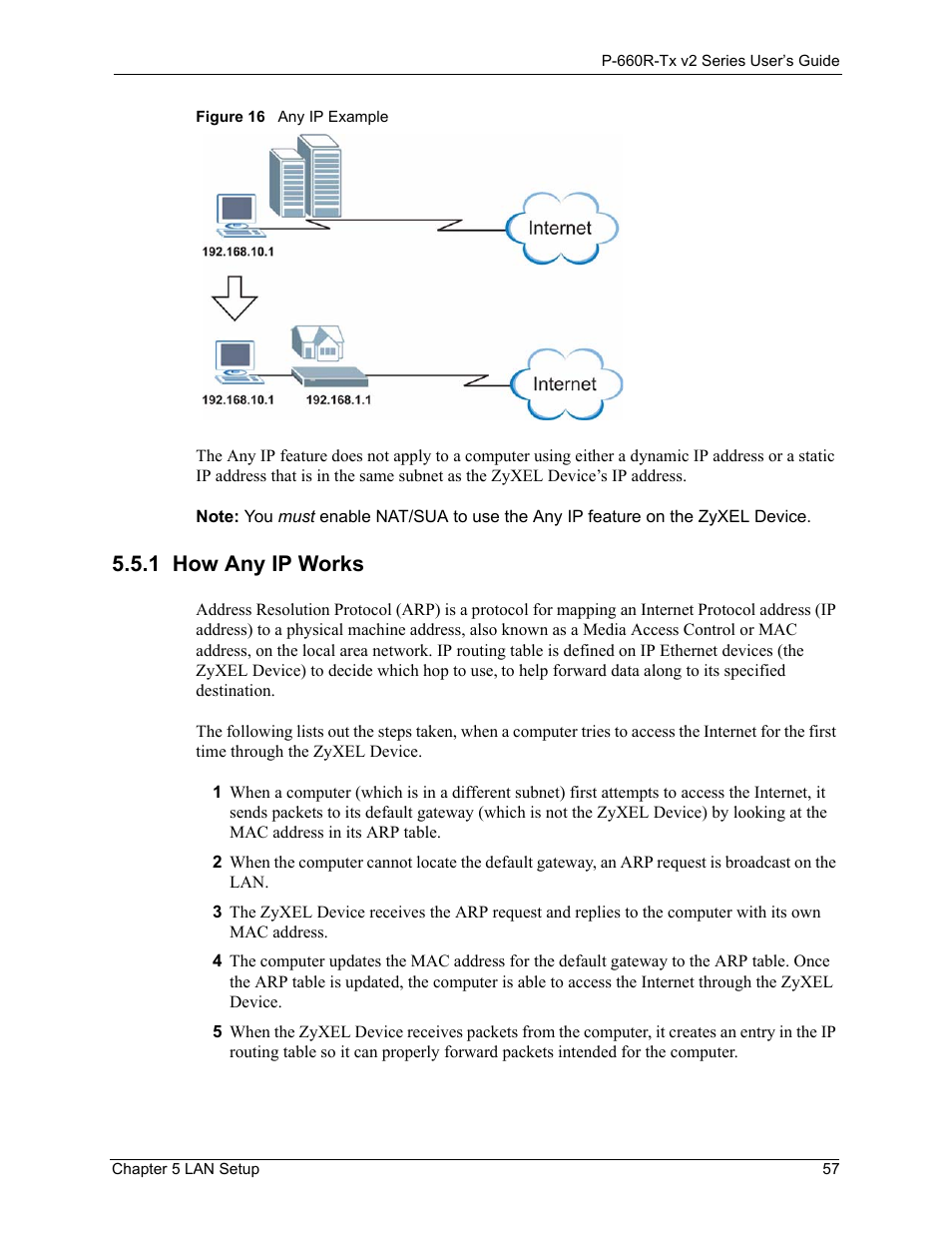 1 how any ip works, How any ip works 57, Figure 16any ip example 57 | ZyXEL Communications P-660R-Tx v2 Series User Manual | Page 56 / 175