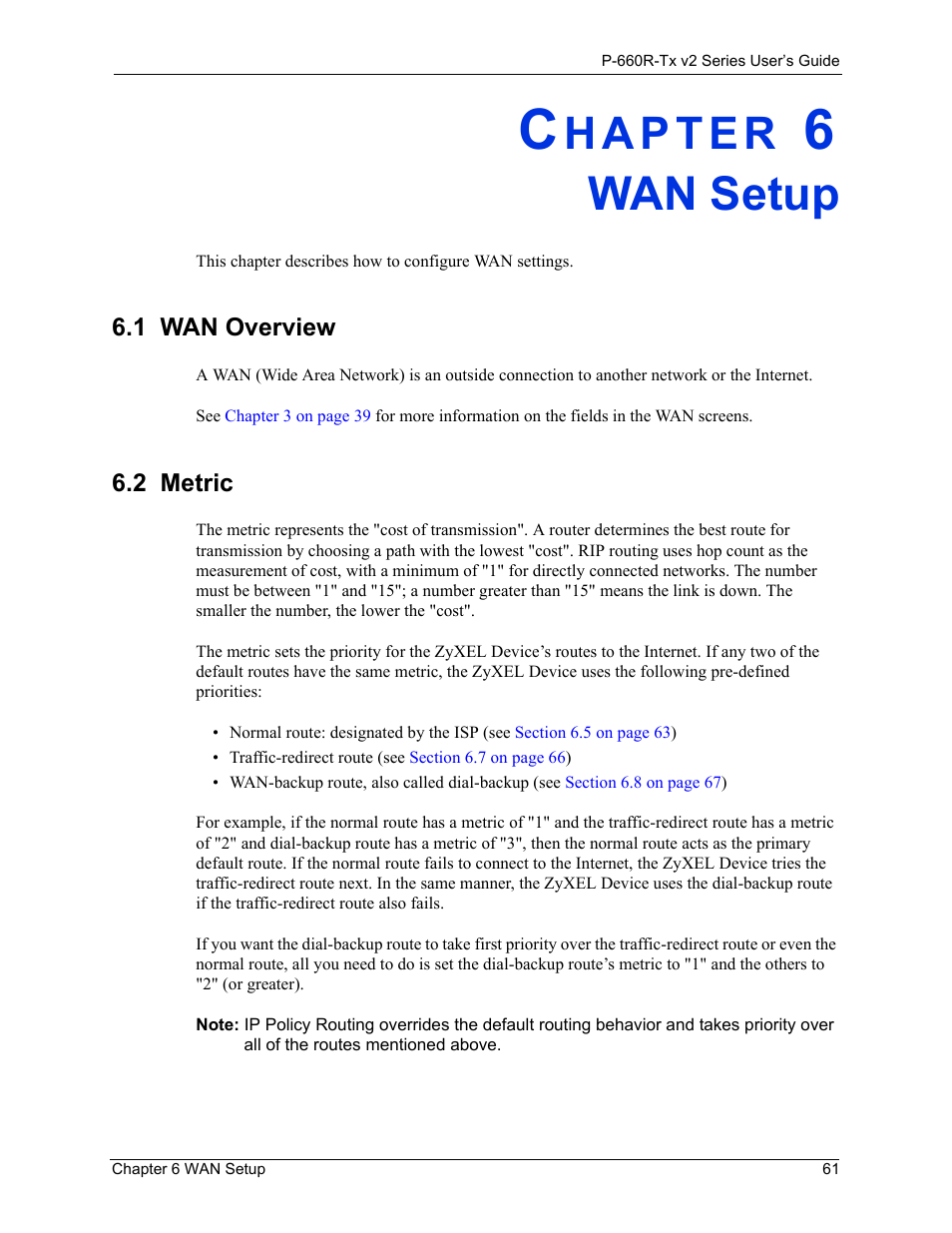 Wan setup, 1 wan overview, 2 metric | Chapter 6 wan setup61, Wan overview 61, Metric 61 | ZyXEL Communications P-660R-Tx v2 Series User Manual | Page 60 / 175