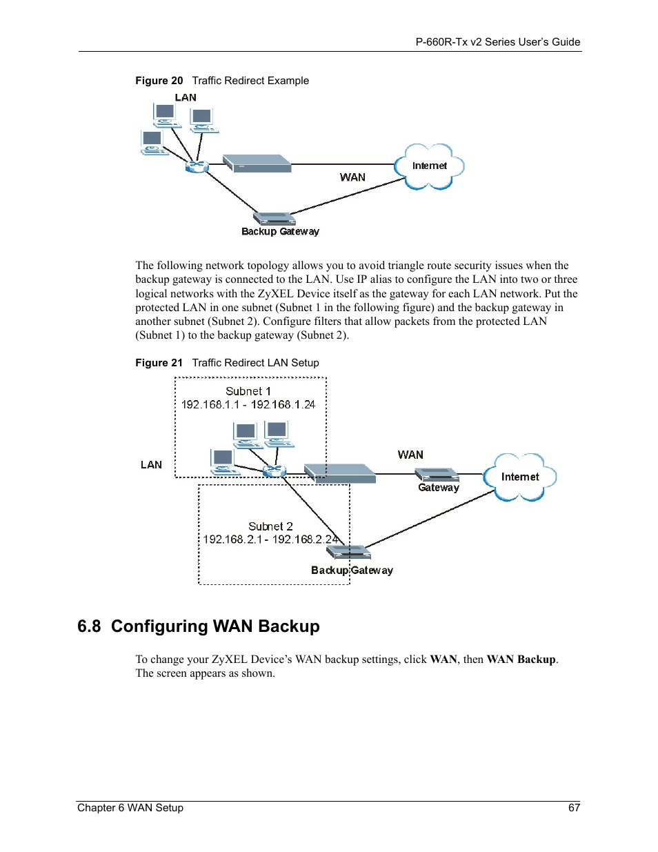 8 configuring wan backup, Configuring wan backup 67 | ZyXEL Communications P-660R-Tx v2 Series User Manual | Page 66 / 175