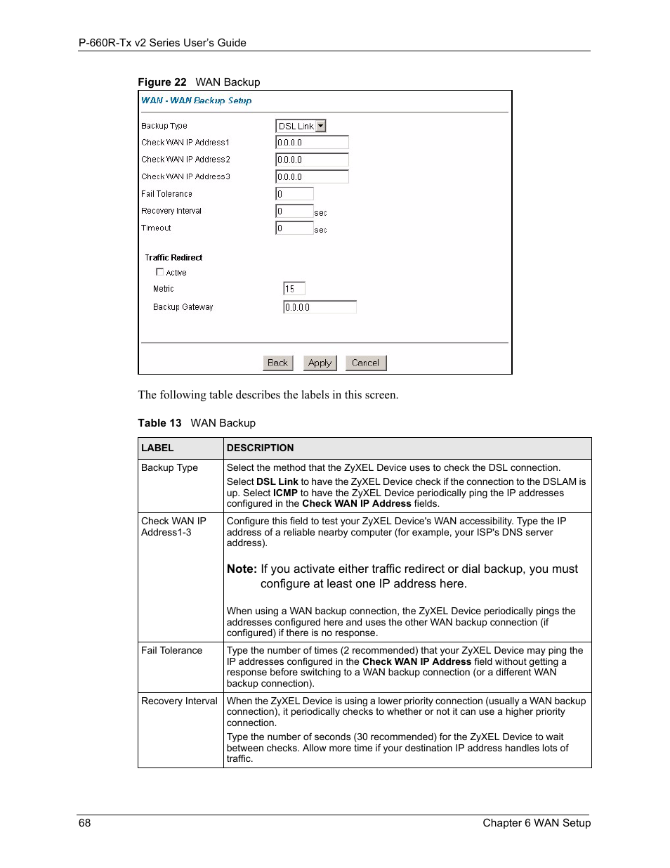 Figure 22wan backup 68, Table 13wan backup 68 | ZyXEL Communications P-660R-Tx v2 Series User Manual | Page 67 / 175