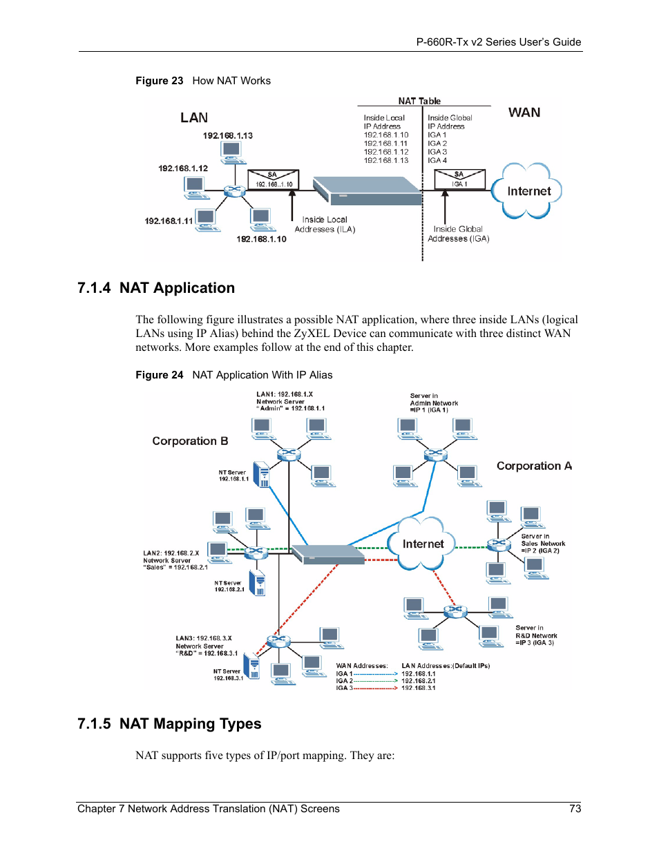 4 nat application, 5 nat mapping types, Nat application 73 nat mapping types 73 | ZyXEL Communications P-660R-Tx v2 Series User Manual | Page 72 / 175