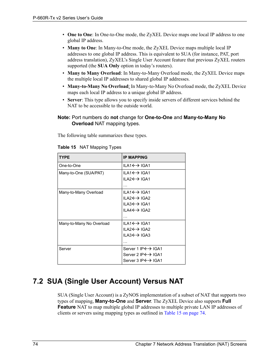 2 sua (single user account) versus nat, Sua (single user account) versus nat 74, Table 15nat mapping types 74 | ZyXEL Communications P-660R-Tx v2 Series User Manual | Page 73 / 175