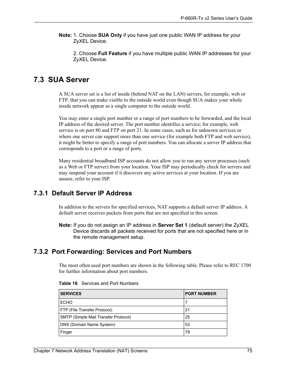 3 sua server, 1 default server ip address, 2 port forwarding: services and port numbers | Sua server 75, Table 16services and port numbers 75 | ZyXEL Communications P-660R-Tx v2 Series User Manual | Page 74 / 175