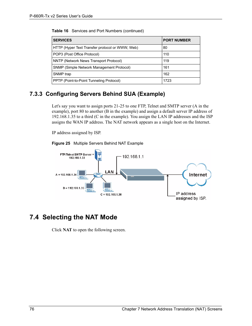 3 configuring servers behind sua (example), 4 selecting the nat mode, Configuring servers behind sua (example) 76 | Selecting the nat mode 76, Figure 25multiple servers behind nat example 76 | ZyXEL Communications P-660R-Tx v2 Series User Manual | Page 75 / 175