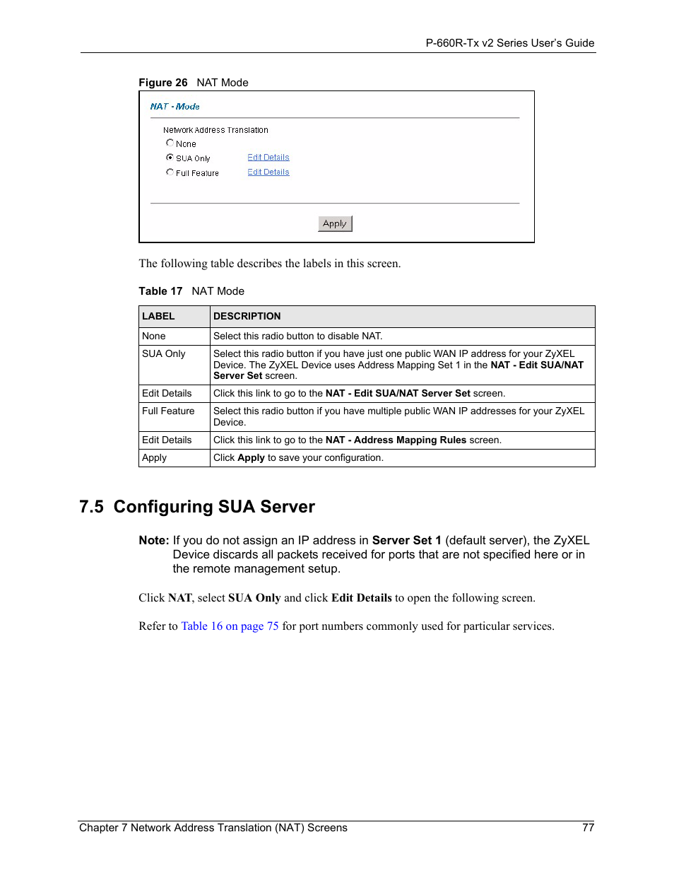 5 configuring sua server, Configuring sua server 77, Figure 26nat mode 77 | Table 17nat mode 77 | ZyXEL Communications P-660R-Tx v2 Series User Manual | Page 76 / 175